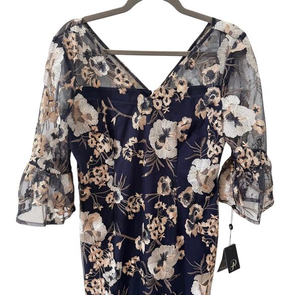 NWT Adrianna Papell Embroidered Floral Column Gown Maxi Dress Navy Blue Size 12 - Picture 5 of 11